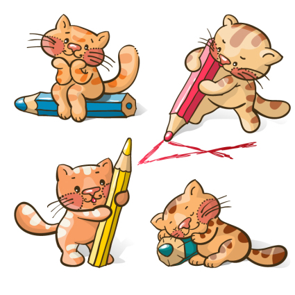 4 Cartoon-Katze mit einem Bleistift Vektor-Material