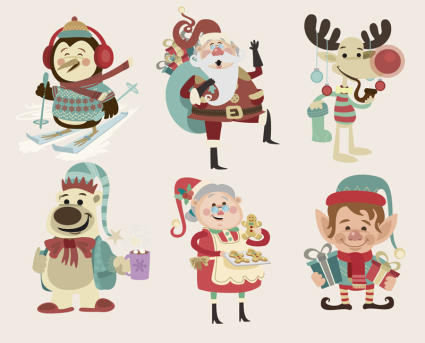 6 Weihnachten kindliche Comic-Figuren Vektor Material

