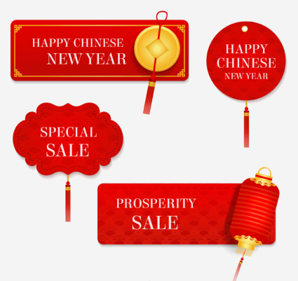 4 rote chinesische Neujahr Werbe-Etikett Vektor-Material