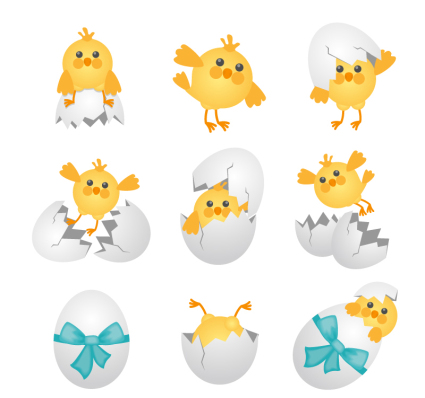 9 Cartoon-Kken und Eierschale Vektor-Material