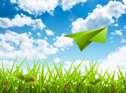 Papier Flugzeug fliegt ber Gras Vektor-Material
