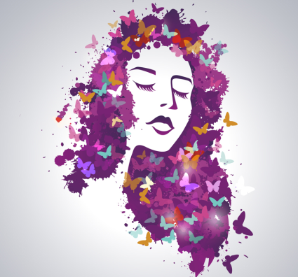 Aquarell Schmetterling Mädchen mit langen Haaren Vektor-Material