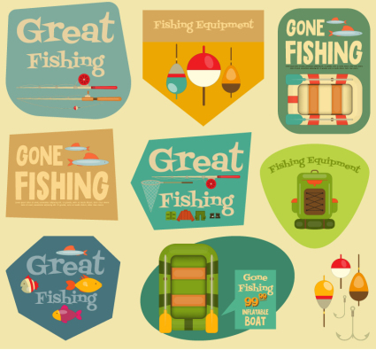9 vintage fishing Etikett Vektor-Material