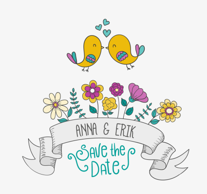 Cartoon Blumen und Vögel Hochzeitseinladung Vektor-Plakat