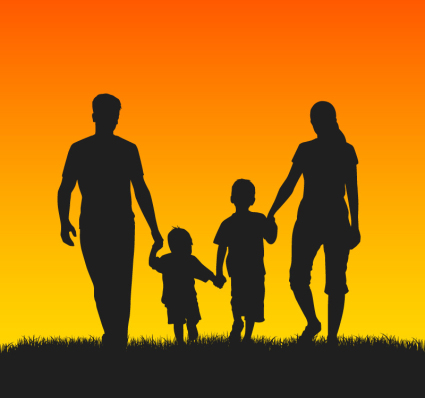 Familie von vier Sonnenuntergang Silhouette Vektor