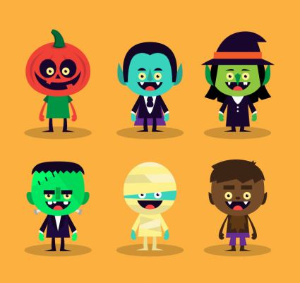6 Halloween-Zeichentrickfiguren Vektor Material
