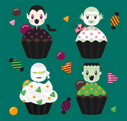 4 spielerische Halloween-kleine Kuchen Vector