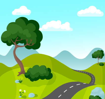 Malerische Bergstraße zwischen Cartoon-Vektor-Material