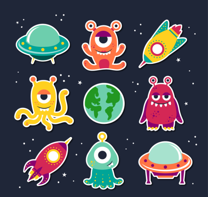 9 Vektor-Cartoon-Aliens und UFO
