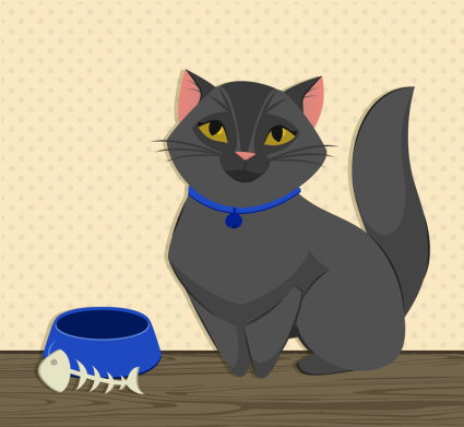 Nette schwarze Katze und Fisch Knochen-Vektor-Material