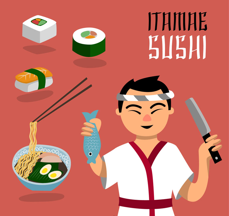 Japanische K¨ąchenchef und Lebensmittel Vektor Material