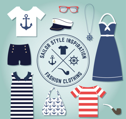10 Absatz Sommer-Marine-Stil Kleidung und Accessoires Vektor