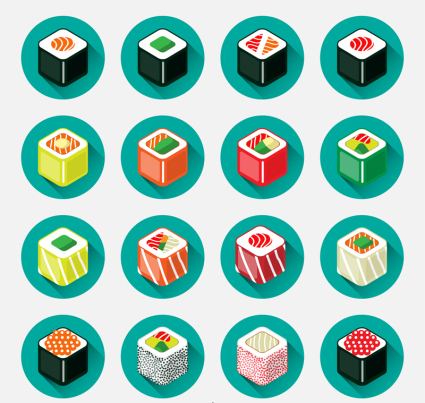 16 japanische Sushi-Symbol Vektor mit quadratischem Querschnitt