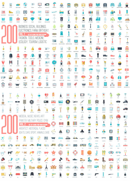 200 Arten von Haushaltsgegenstände Vektor-Symbol Material