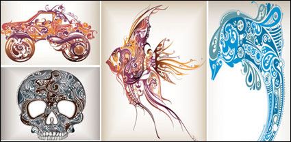 Trend-Muster Delphine in die tropischen Fische-Off-Road-Fahrzeuge-Scorpions-Skeleton Vector