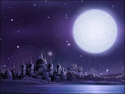 Antike Stadt unter Vollmond Vektor Material