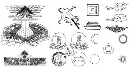Die Sonne und der Mond, Wasser, Feuer, Wind, Luft buddhistische Symbole