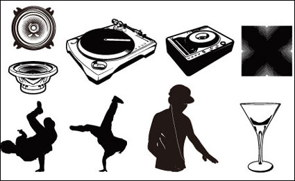 Playing CD-Spieler, Schallplatten, Kopfhörer, Getränke-, Becher-Vektor