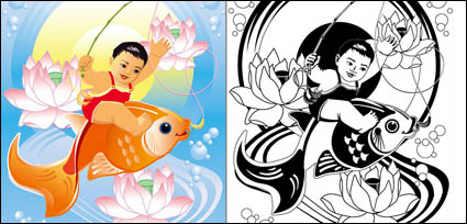 Gemälde, Lotus, Fisch, Goldfisch Vektor