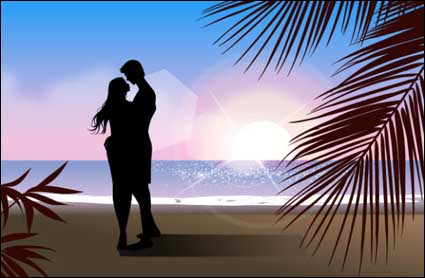 Modische Männer und Frauen Strand silhouette vector Material
