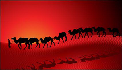 Camel Caravan Desert Sunset Silhouette Red Background Vector